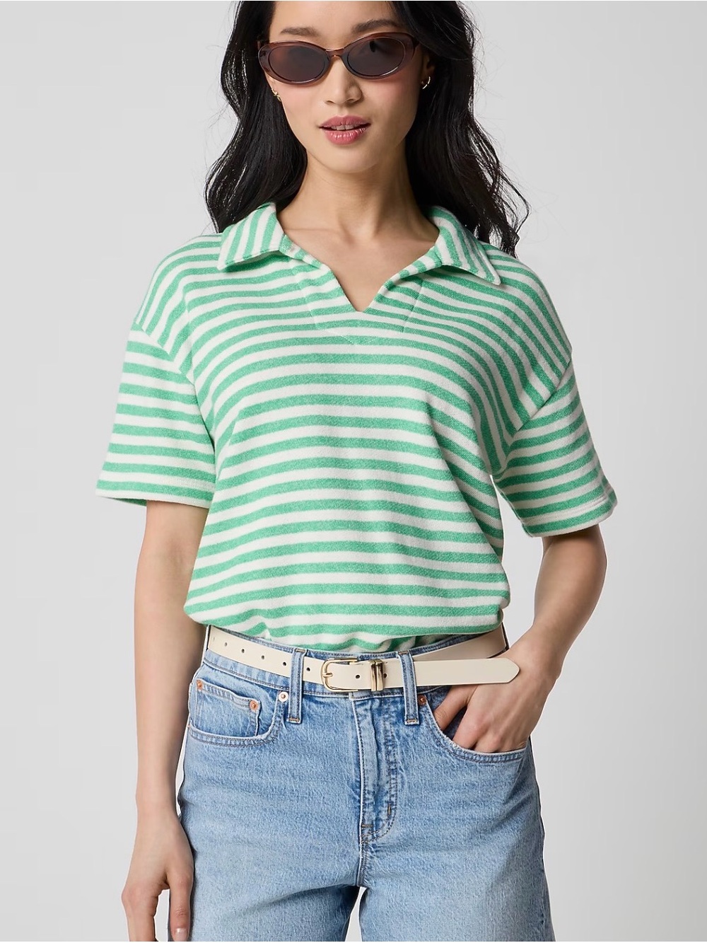 J. Crew Womens Striped Short-sleeve Terry Polo Johnny Collar 100% Cotton Size M